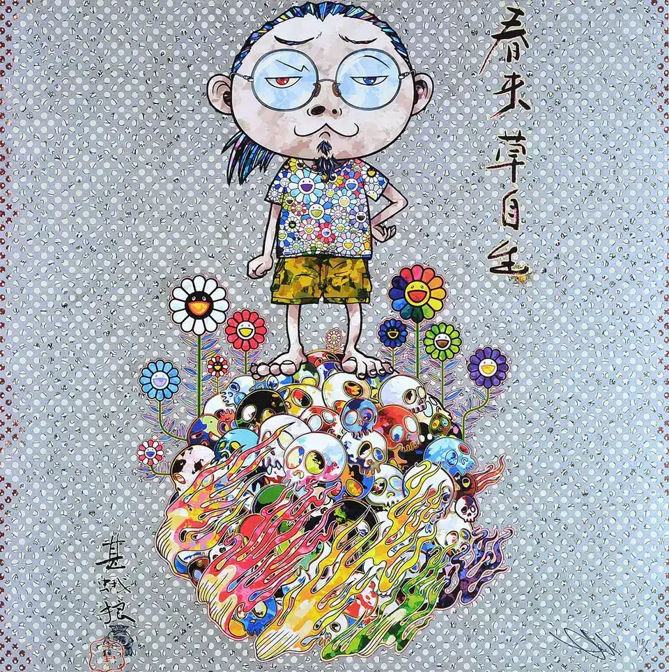 A cartoon figure with glasses and a floral shirt stands on a mound of colorful skulls with flames and flowers.