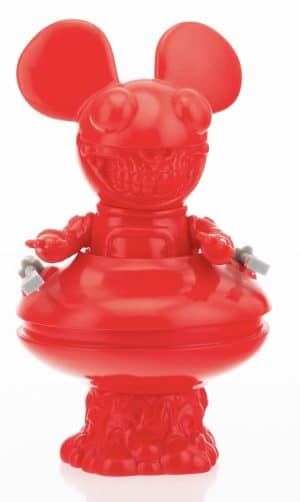 A shiny red plastic toy with mouse ears, a skull-like face, and small arms with gray plungers.