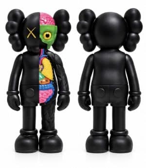 A black Kaws Companion figure is split vertically, revealing colorful internal organs on the right side.